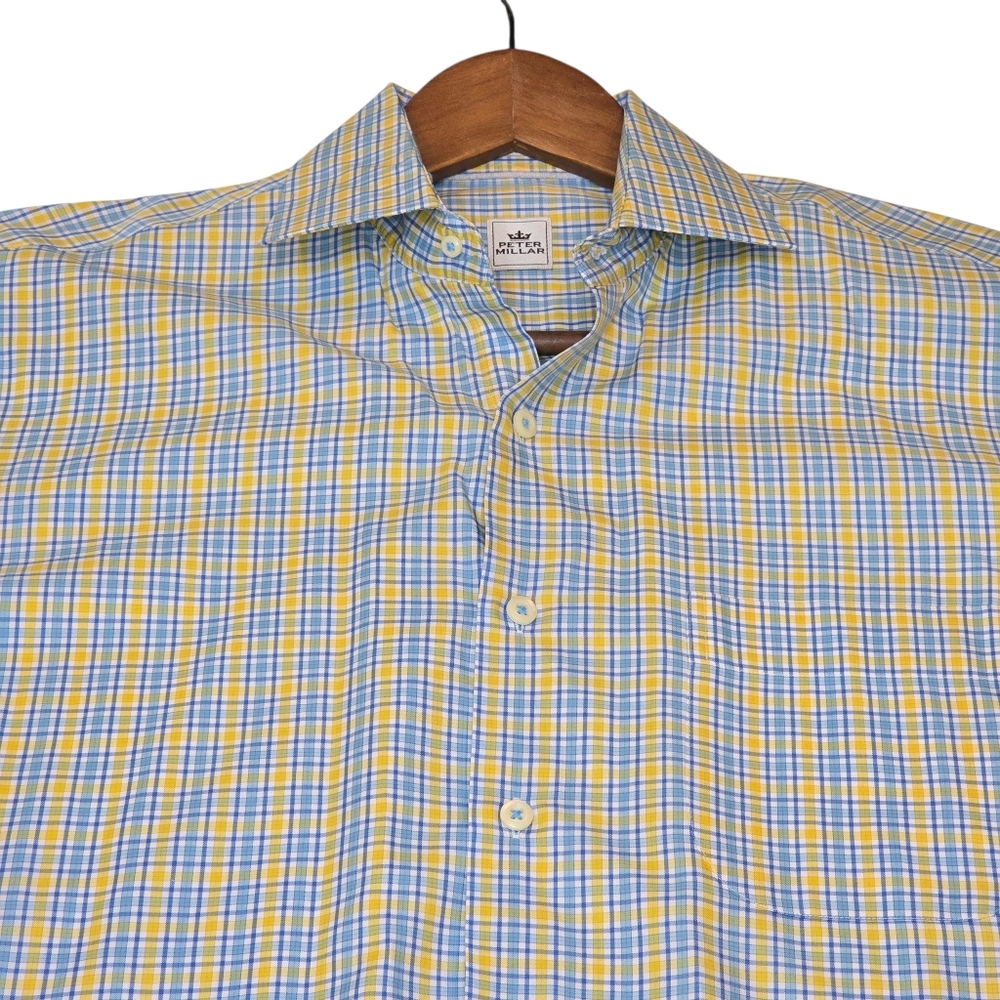 Peter Millar 100% Cotton Button Up L/S Shirt Yellow/Blue Plaid Check, Men's Sz M - Picture 3 of 11